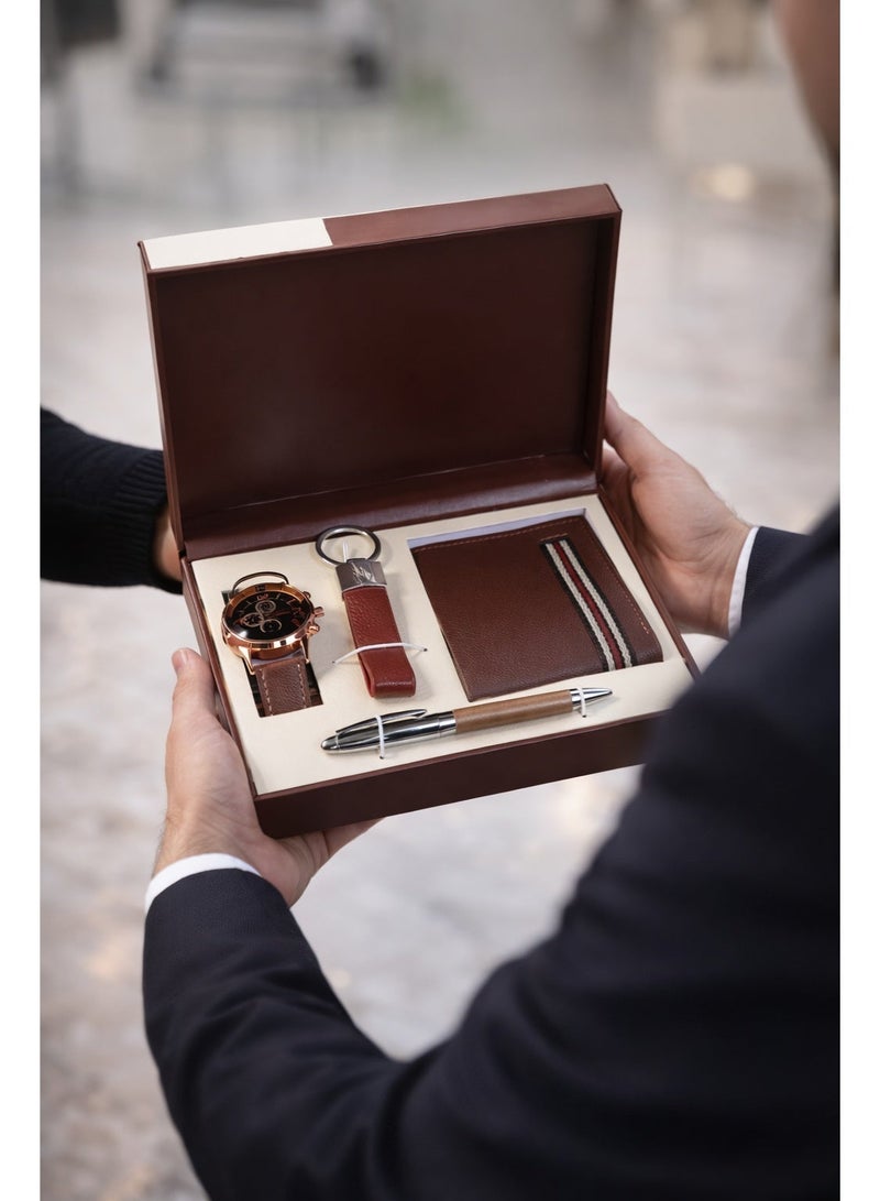 أولودينيز  طقم هدايا فاخر للرجال – ساعة، محفظة جلدية، ميدالية مفاتيح، وقلم أنيق في علبة فاخرة - Image 5